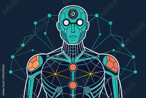 Digital representation of a cybernetic humanoid featuring neural networks and networked connectivity on a dark background