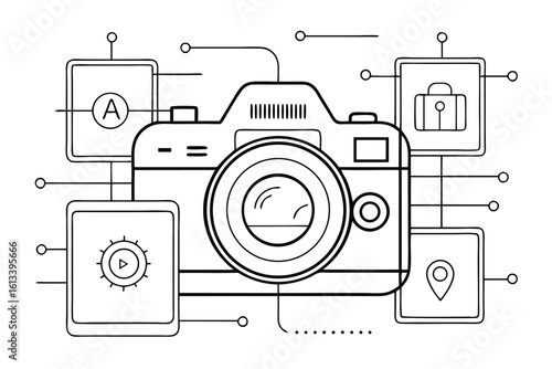 Digital camera concept with connected icons illustrating neural networks and photography processes