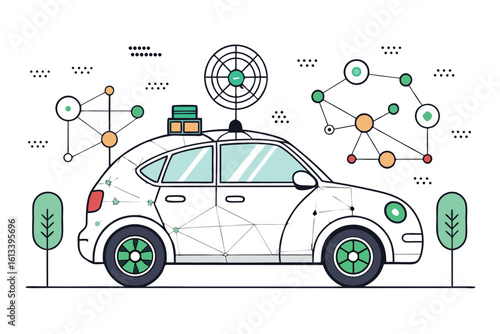 Futuristic concept illustration of a self driving smart car with neural networks and digital communication.