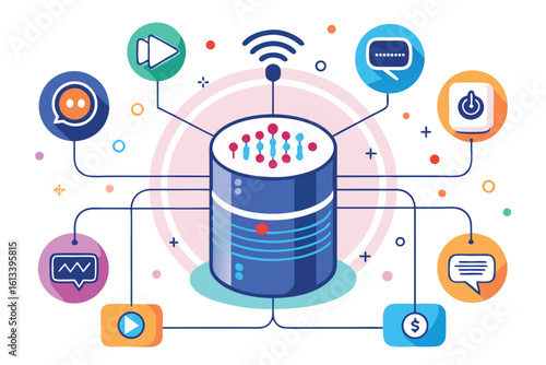 Illustration of a central server connected to various digital icons for data processing and information exchange