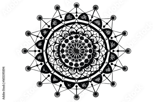 Intricate black and white mandala design featuring geometric patterns and neural networks aesthetics