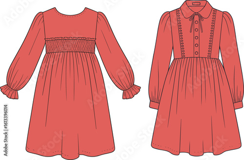 Girls long sleeve smocked and collared button dress with front detailing, kids clothing flat sketch, cad drawing flat vector illustration