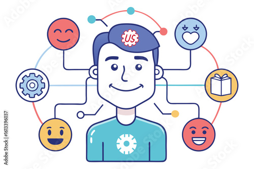 Person connected to emotions and ideas illustrating neural networks and modern thinking process