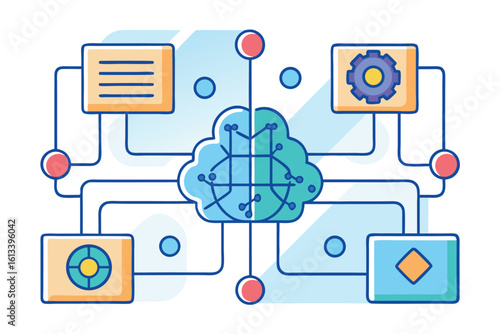 Modern vector illustration depicting neural networks data processing and artificial intelligence with interconnected nodes