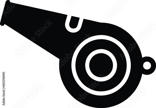 Black Silhouette of a Sports Whistle, Sports Referee Whistle Vector Silhouette Icon

