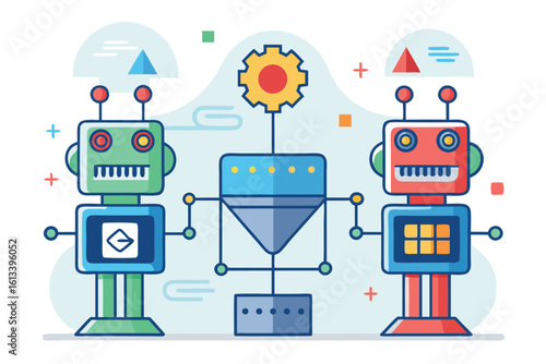 Modern vector illustration featuring two friendly robots connected with neural networks and a gear symbol