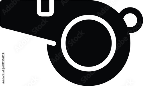 Black Silhouette of a Sports Whistle, Sports Referee Whistle Vector Silhouette Icon

