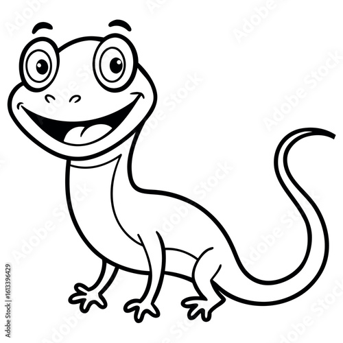 Outlined cartoon gecko smiles widely with visible tongue in this transparent image