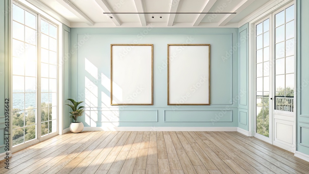 Fototapeta premium Bright gallery room featuring two large vertical blank frames on a light blue wall, styled with clean wooden flooring and soft natural light