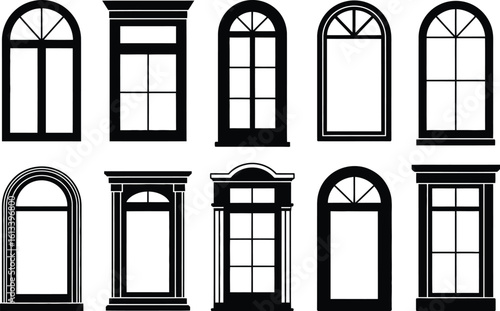 Illustration of ten different window designs in black and white outline