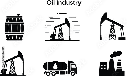 Illustration showing various elements of the oil industry in black and white