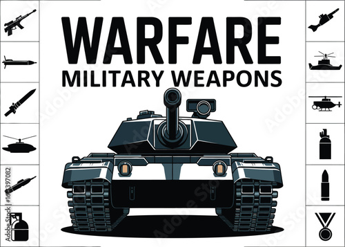 Illustration of warfare military weapons with tank and other equipment