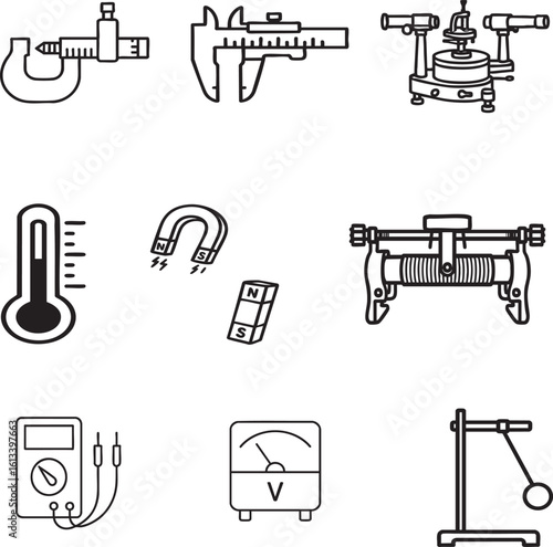 set of physics laboratory apparatus.screw gauge, vernier caliper, spectrometer, thermometer, magnets , rheostat, multimeter, voltmeter , simple pendulam  simple black line vector 