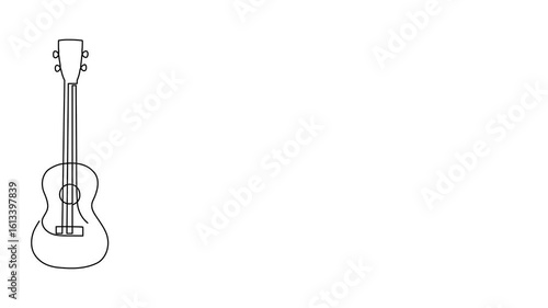 Ukulele musical concept one line art animation, hand-drawn playing Hawaiian string instrument drawing continuous contour motion. Acoustic small guitar outline melody outline video. 4k self-drawing