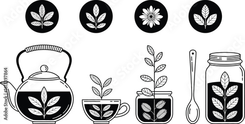 Black and white herbal tea illustration with teapot and flower elements