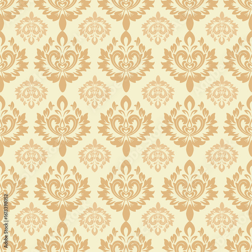 seamless damask wallpaper pattern with beige floral and cream background, vintage design, vector illustration elegant for textile, curtains, cushion cover, rug, scarf, upholstery fabric, bedding