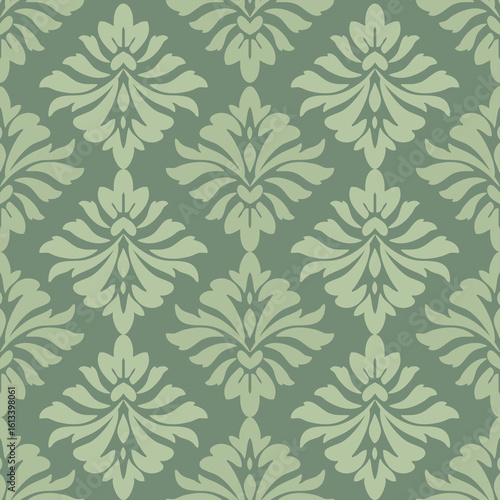Damask seamless green floral pattern, vintage style, vector illustration elegant for textiles, wall paper, bedding, rug, curtains, cushion cover, slipcover, upholstery fabric, scarf, fashion, wrapping