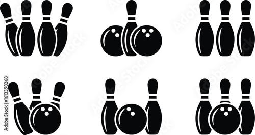 Various arrangements of bowling pins and balls in black and white vector