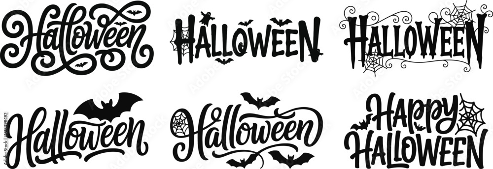 Obraz premium Halloween lettering silhouette vector set with various hand drawn text, bat, and spider web for holiday and party themes.