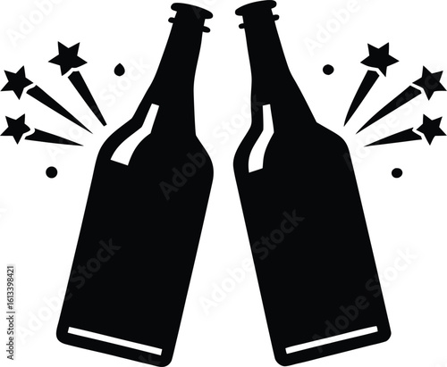 Cheers two beer bottle  black silhouette vector,toasting beer bottles icon