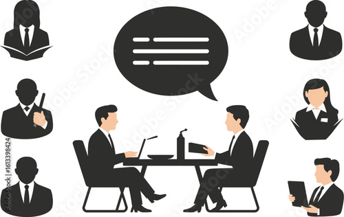 Illustration of two people in a meeting with other professional figures