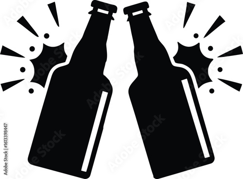 Cheers two beer bottle  black silhouette vector,toasting beer bottles icon