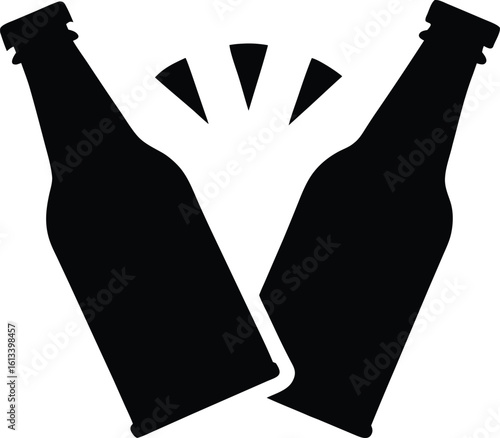 Cheers two beer bottle  black silhouette vector,toasting beer bottles icon