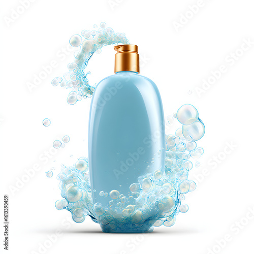 liquid soap bottle and shampoo bottle with foam forming, placed on white background. The image captures the light, airy foam, ideal for hair care or beauty product market.