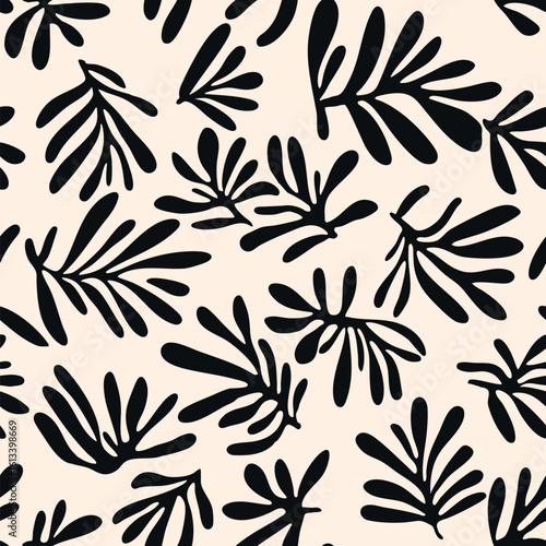 Vector seamless pattern with hand-drawn botanical leaves. Abstract organic texture with branches, foliage. Modern tropical background. Repeated design for textile, decor, wallpaper, print, clothing