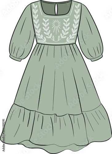 Long sleeve embroidered dress for girls, tiered maxi style, boho vintage fashion, modest kids outfit — CAD drawing flat vector illustration