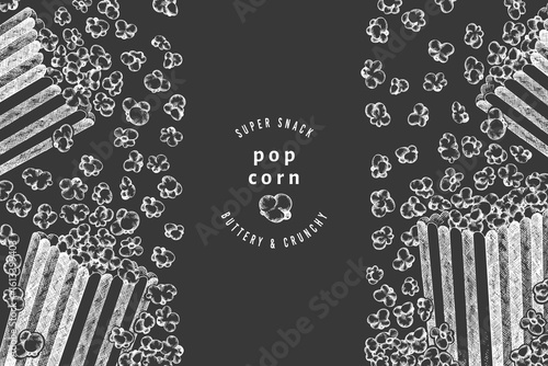 Hand Drawn Vector Pop Corn Illustration. Not AI Generated. Movie Night Chalk Board Background. Old Fashioned American Culture Banner. Vintage Popcorn Design Template.