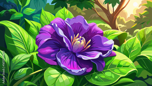 A close up of purple flower and green leaf in garden under summer sunlight shows vibrant textures and soft shadows. Semi-realistic detail brings life, warmth, and elegance to this peaceful garden mome