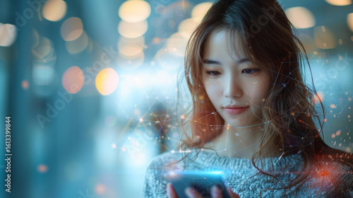 Woman using smartphone with network graphic overlay in city at night