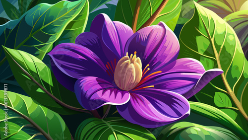 A close up of purple flower and green leaf in garden under summer sunlight shows vibrant textures and soft shadows. Semi-realistic detail brings life, warmth, and elegance to this peaceful garden mome