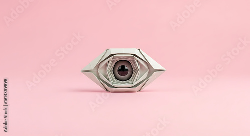 A futuristic, abstract, geometric eye sculpture symbolizing surveillance and technology, isolated on a solid pink background.