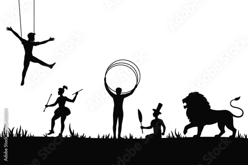 Silhouette of circus performers including acrobat lion and ringmaster act show