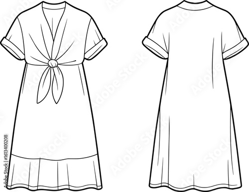 Short sleeve knee-length dress with front tie knot, rolled cuffs, gathered hem, flat sketch, CAD fashion vector illustration
