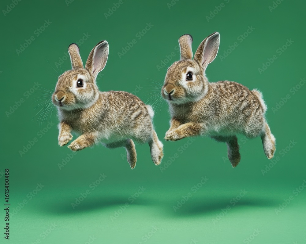 Obraz premium Two adorable brown rabbits leaping playfully against a vibrant green background.