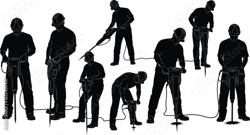 Jackhammer workers silhouette construction demolition equipment vector illustration