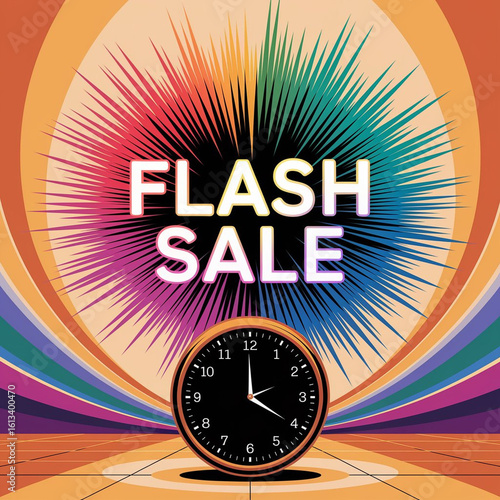 Flash Sale Countdown: Dynamic graphic design announces a time-sensitive promotion, with vibrant colors radiating from the focal point clock, conveying urgency and excitement.