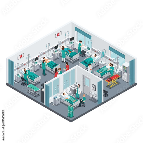 Isometric illustration of a hospital intensive care unit (ICU) with patients in beds and medical staff attending to them.