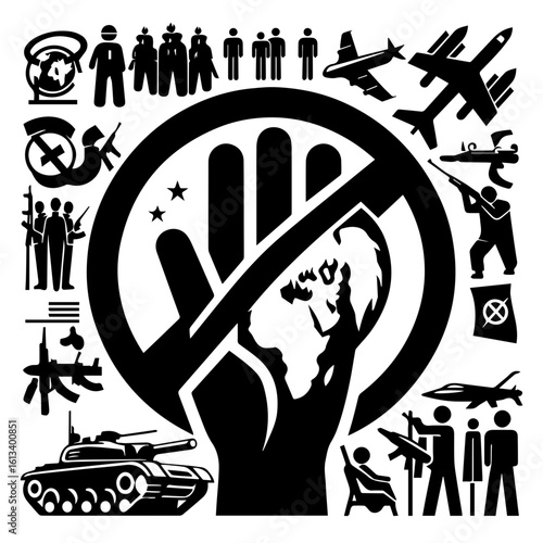 Illustration depicting a hand holding the world with symbols of war and conflict crossed out in black