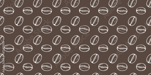 Vector seamless pattern with white coffee bean outlines on chocolate brown background. Minimalist coffee shop design with hand-drawn grain illustrations. Classic repeated design for decor, packaging