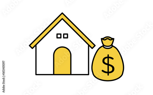House and money bag showing mortgage simple line drawing icon, illustration of housing loan and finance