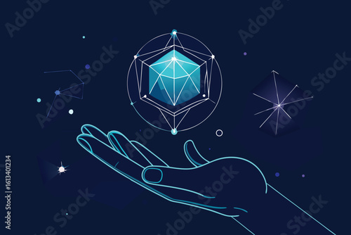 Abstract illustration of a hand reaching for a geometric crystal with a dark blue cosmic background.