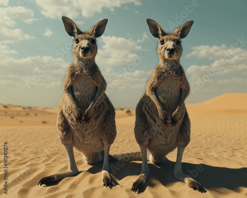 Two kangaroos stand side by side in a sunlit desert landscape, showcasing their distinct features and playful expressions.
