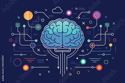 Conceptual illustration depicting artificial intelligence and the human brain in a modern flat design style