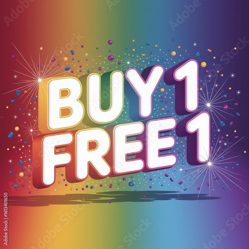 Buy One Get One Free: A dynamic advertisement presents Buy 1 Get 1 Free against a vibrant rainbow backdrop, accompanied by sparkling confetti. A simple.