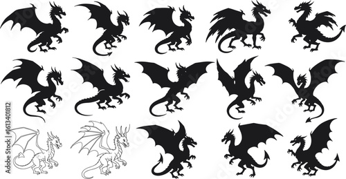 Dragon silhouettes and detailed line art, mythical fantasy creatures, winged dragons icons, black and white vector illustrations, medieval theme