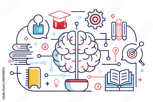 Creative illustration depicting the human brain with symbols of knowledge, education, and ideas